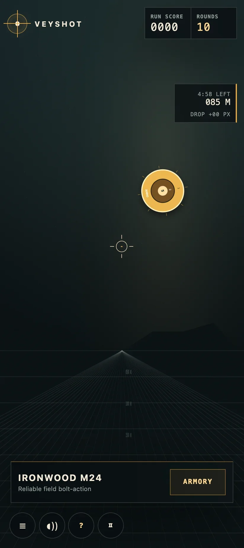 Veyshot's guest practice range in portrait, with a golden target, aiming reticle, score and ammunition counters, and compact weapon and menu controls.