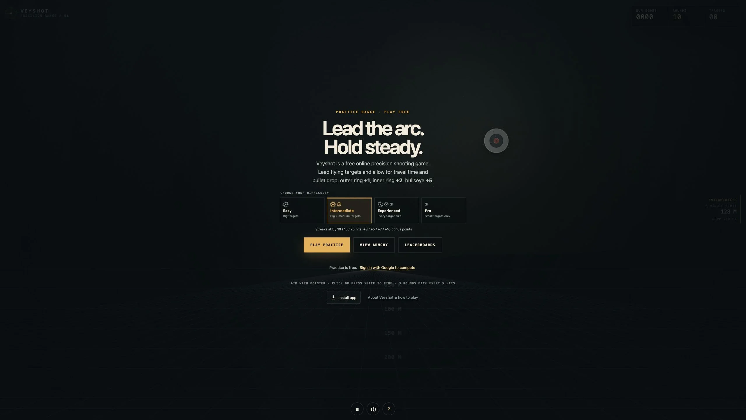 High-resolution view of Veyshot's guest entry screen with the Lead the arc. Hold steady. headline, difficulty choices, and practice and armory actions.
