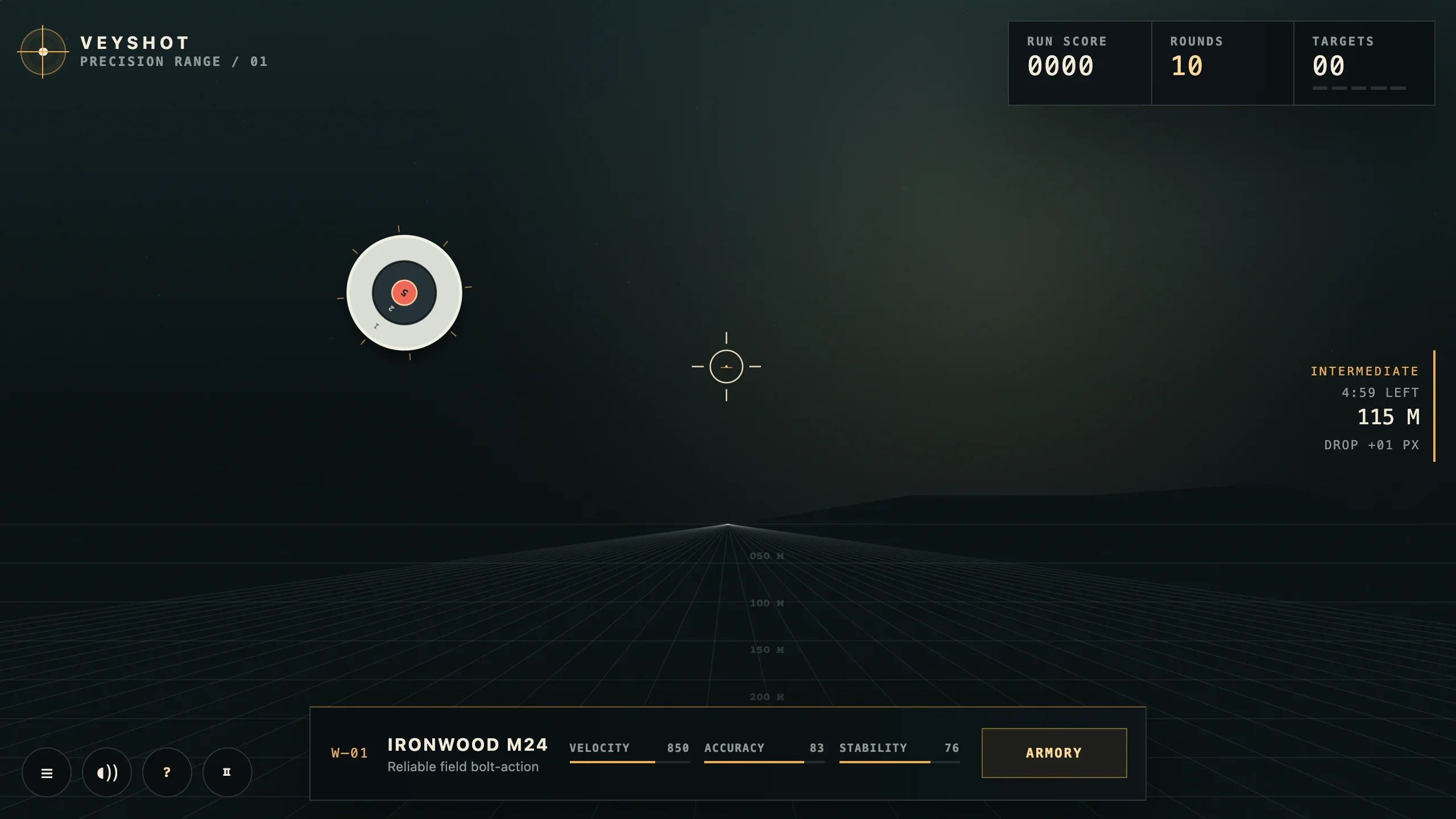 Veyshot's guest practice range with a circular target, aiming reticle, score and ammunition counters, and the equipped weapon panel.